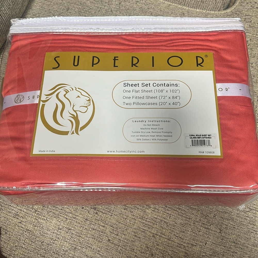 Superior California King Sheet set coral 1200 TC new in original packaging.
